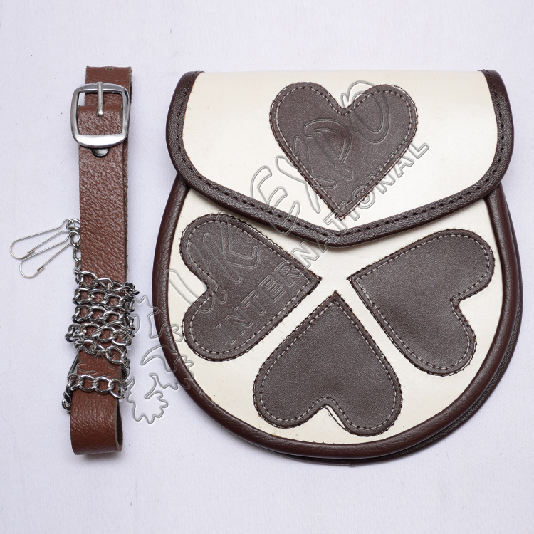 Loving Heart White and Brown Leather Sporran White color stitching on corners