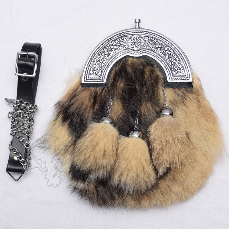 Men Scottish Kilt Sporran Fox Fur Celtic Design Cantle Black Color Filling
