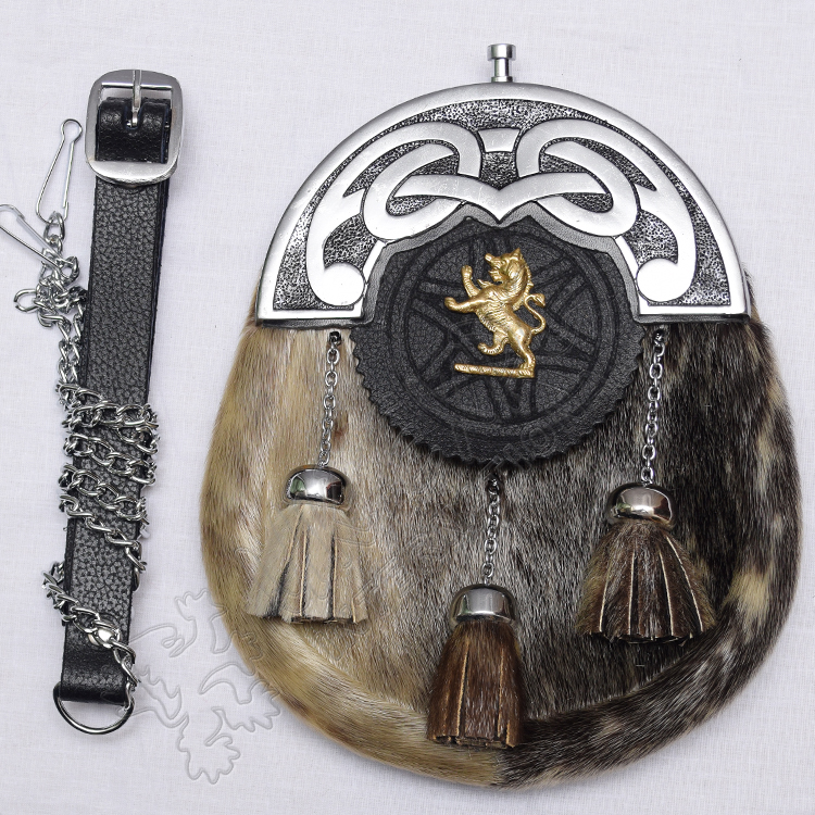Men Scottish Kilt Sporran Seal Skin With Rampant Lion Badge