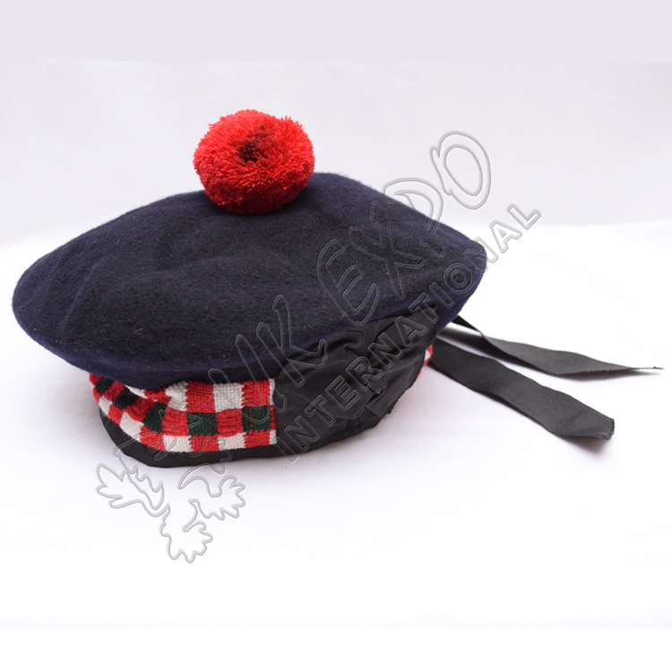 Navy Blue Balmoral Hat with Green white Red dicing and red pom pom
