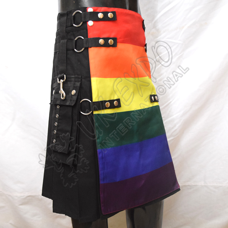 Orlando Rainbow Fashion Utility kilt, Black Cotton and Chains 