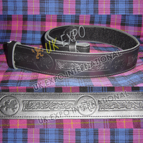 Rampart lion and flower knot work Embossed on Black Color orignal Leather Kilt Belt