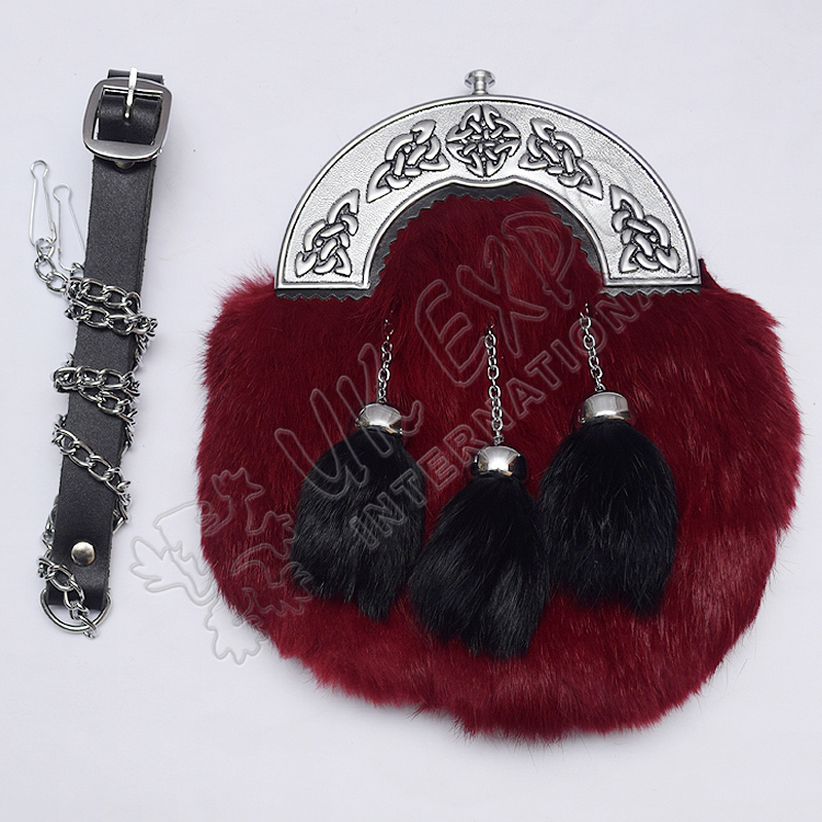Red Color Rabbit Fur Sporrans with Celtic Cantle Black Color Filling