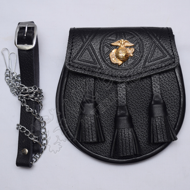 Scottish Black Grain Leather Celtic Design Sporran With US Marine Badge