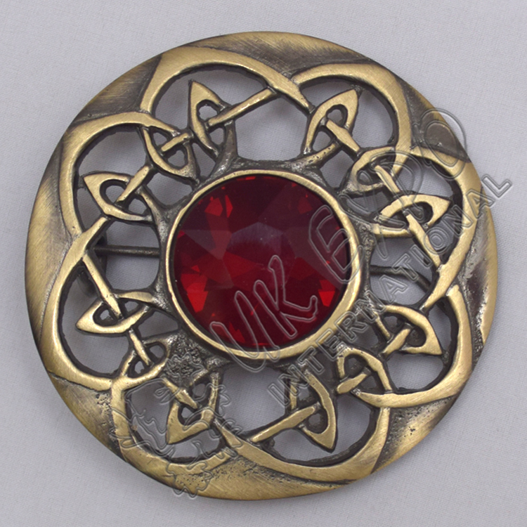 Scottish Celtic Brass Antique With Stone Brooch 