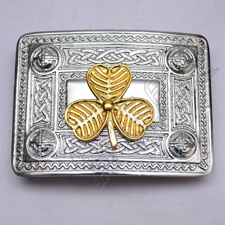 Scottish Celtic Design Chrome Buckle With Brass Shamrock Badge