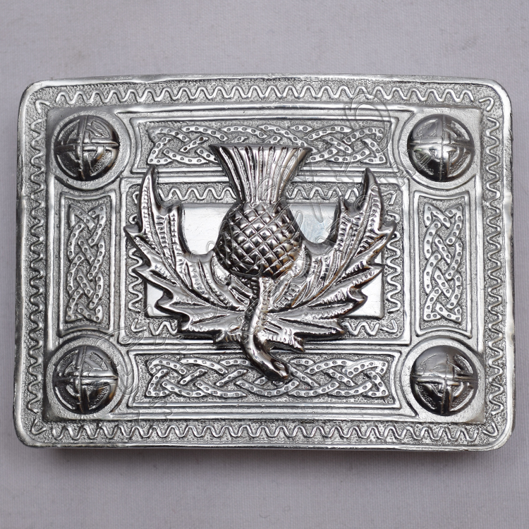 Scottish Chrome Celtic Design Kilt Buckle With Thistle Badge