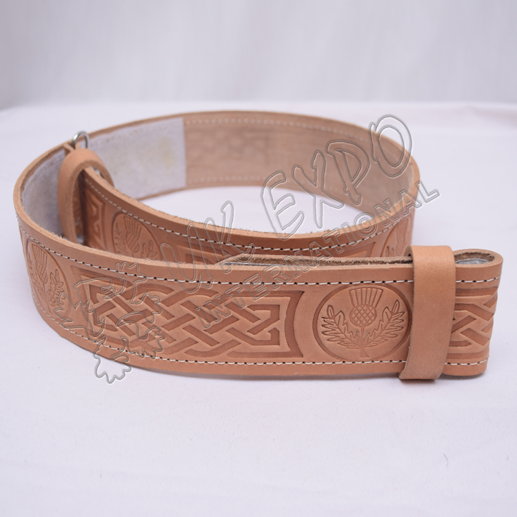 Scottish Real Leather Kilt Belt With Celtic Round Chrome Belt Buckle Belt Set 