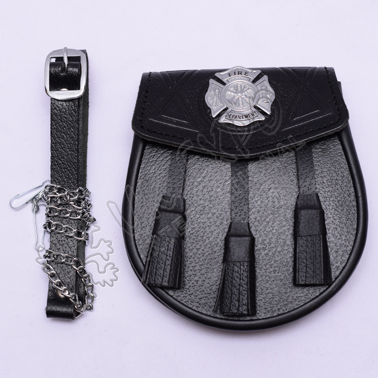 Scottish Grain Leather Sporran With Fire Department Badge