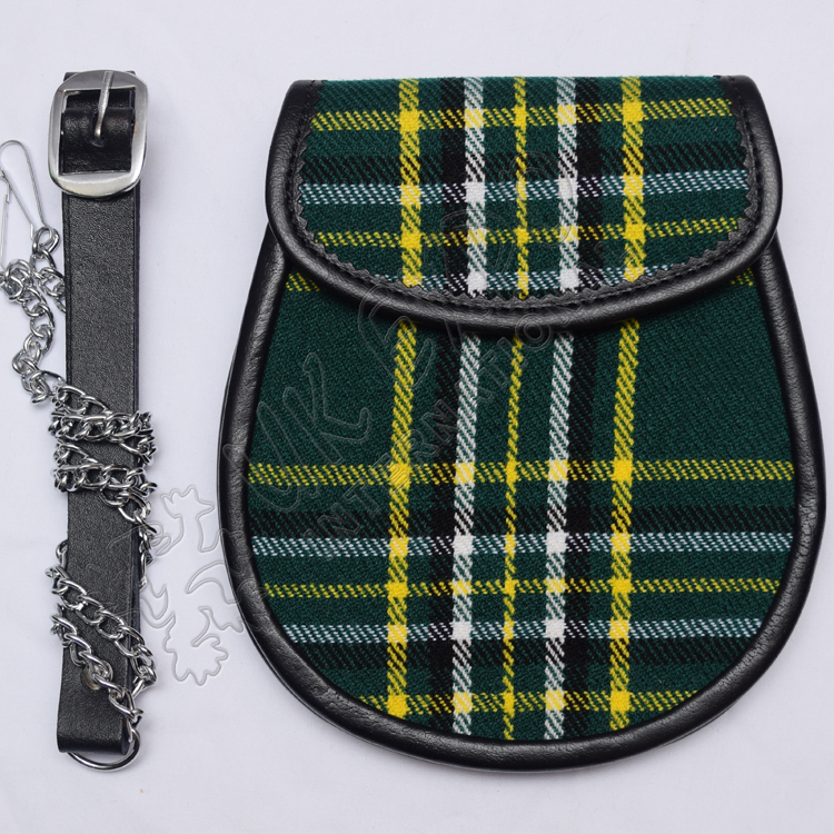 Scottish Irish National Tartan Sporran With Leather Backing & Belt Chain