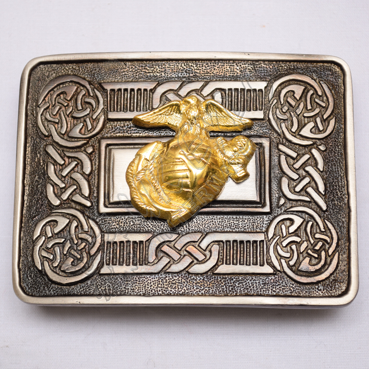 Scottish Shiny Antique Celtic Design Buckle With Brass Us Marine Badge