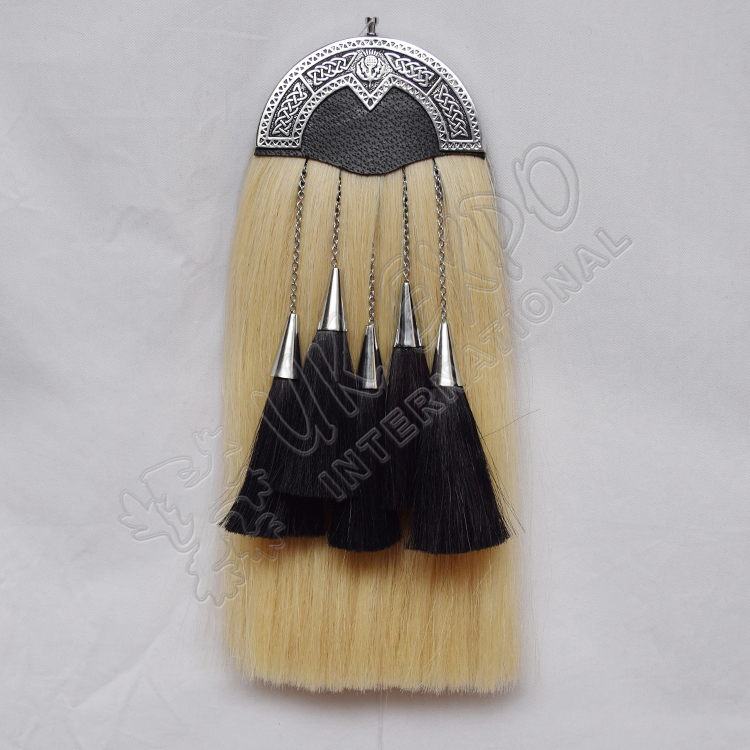 Scottish White Horse Hair Sporran Dimond Shap Thistle Cantel Black Color Filling
