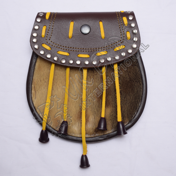 Semi Dress Sporran Seal Skin With Round Studs on Flap and Yellow Laces and Tassels