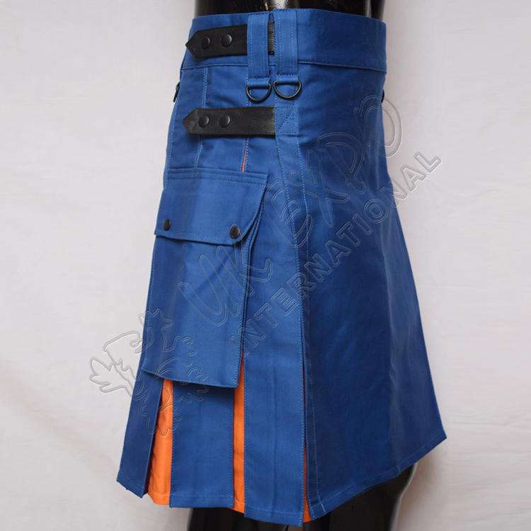 Sky Blue and Orange Hybrid Utility Kilt Attached Pockets