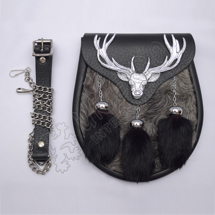 Chrome Plated Stag Semi Dress Gray Fur With Black Leather and Three Black Fur Tassels