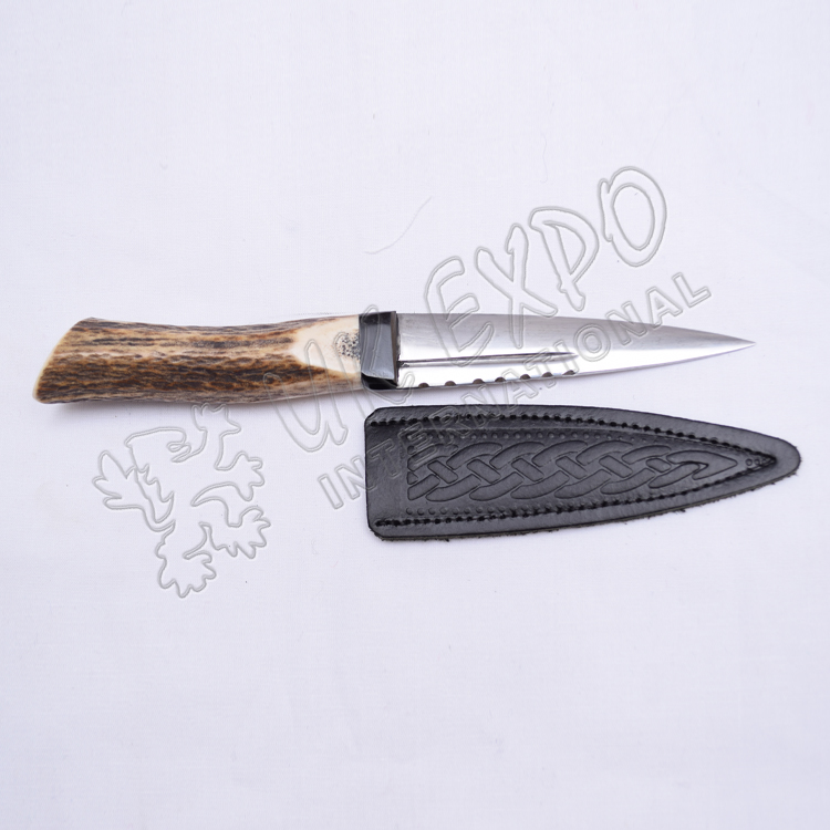 Stainless Steel Blade with Real Stag  Handle and Leather Celtic Embossed Cover Sgain Dubh