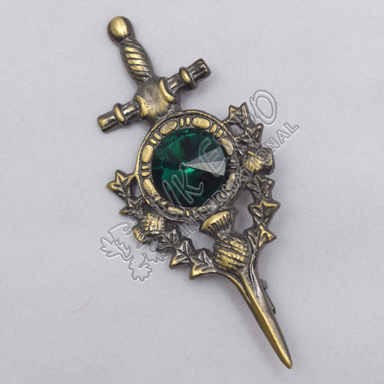 Thislte Sword With Green Stone Brass Antique Kilt Pin 