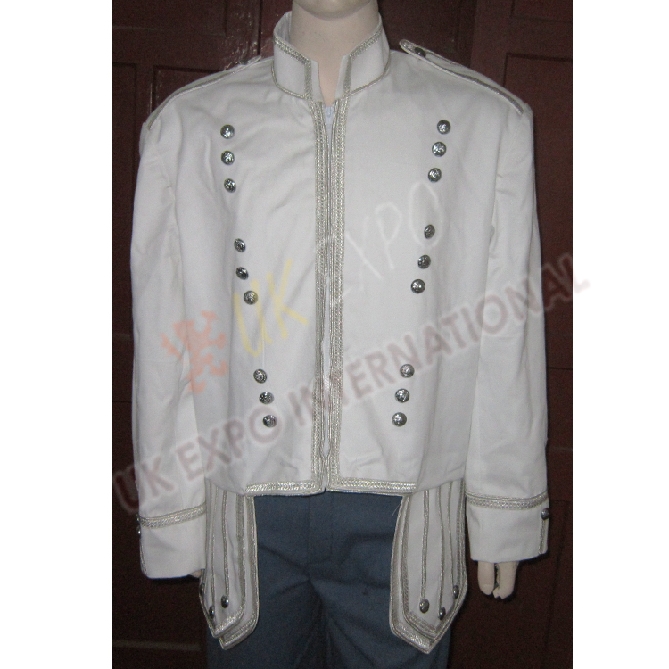 White Heavy Jean Double with Silver Braid and cord with Chrom thistle Buttons