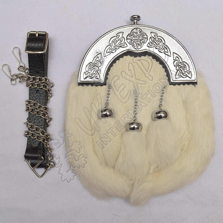 White Rabbit fur Full Dress Sporran with three tessels celtic cantle