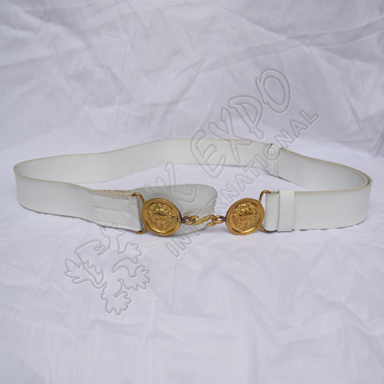 White sword belt with brass moon shape buckle with snake hook