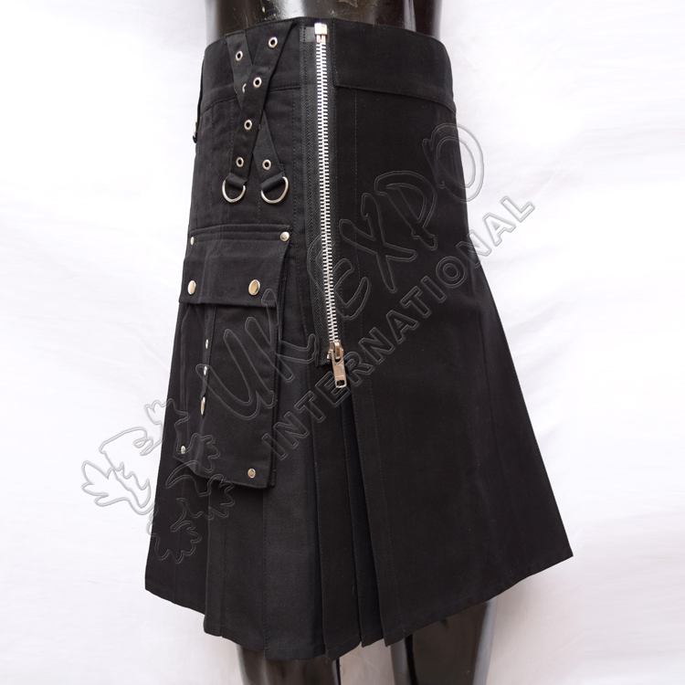 Gothic Zipper Black Utility Kilt With Heavy Cotton