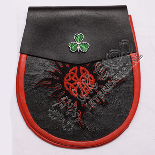 Black and Red Real leather Black Hand Embroidery Work With Shamrock
