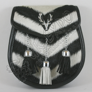 Black and White Goat Skin with Contras Tessels and Stage Metal Badge on Flap