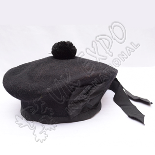 Black Balmoral Hat with Black Pom Pom