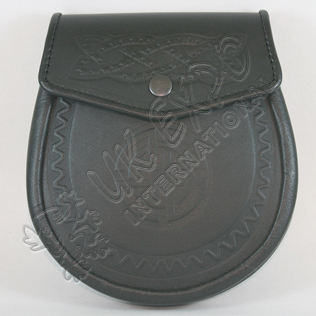 Black Real Plain Leather Sporran with celtic Embossed