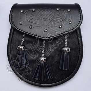 Black cow skin with Scottish Flower Embossed on Flap with studs