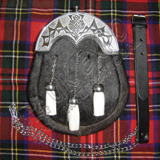 Black Goat Skin Sporrans with White goat tessels and black backing on scottish cantle
