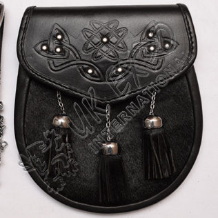 Black Goat Skin with three tessels and celtic scottish flower embossed studs on flap