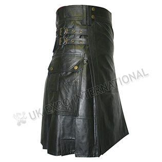 Black Real Leather Utility Kilt 2 Straps closing and brass Meterial