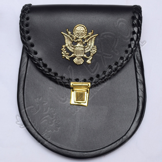 Black Leather Sporran with American Eagle Badge & Edge Corner Leather Braiding