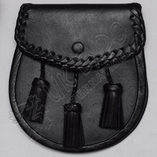 Black Leather Sporran with Edge Corner Leather Braiding