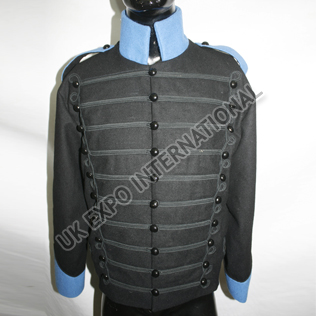 Black wool blazer with Black Cord and Braid Jacket Sky Blue Collar,Cuff and Shoulder