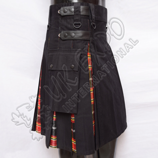 Hybrid Decent Black and Red-Black Tartan Box Pleat Utility Kilt Attached pockets