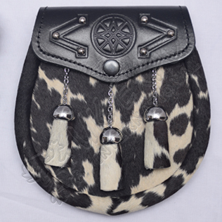 Brown,Black and White cow skin Sporran with tessles Celtic Embossed on Flap
