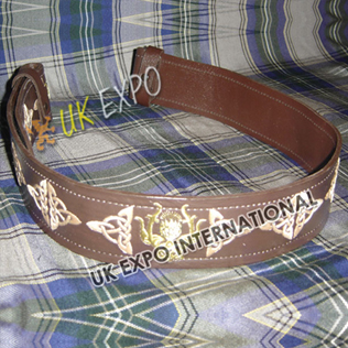 Brown Belt with Skin Color Embroidery Golden thistle with Brown Backing