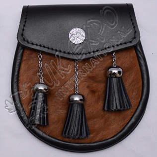 Brown Seal Skin Sporran with 3 Leather Tessels celtic badge on Flap