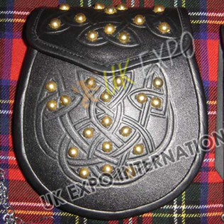 Celtic double Embossed sporran with Golden Studs on Front and Flap