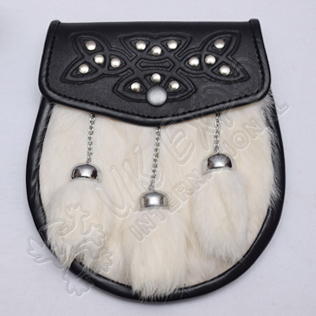 Celtic Embossed with Studs on Flap White Fur and Fur Tessels