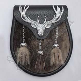Chrome Plated Stag Semi Dress Brown Seal Skin With Black Leather Sporran