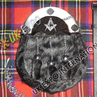 Color filled Cantle Seal Skin Black Sporran with Masonic Badge on leather Backing
