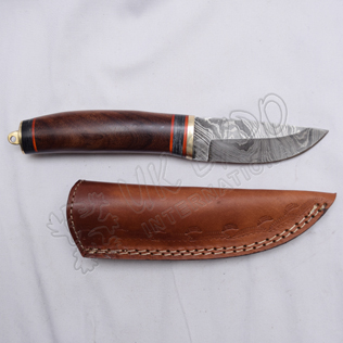 Damascus Blade Knife With Wooden Handle Brass Hook And Nice Leather Cover