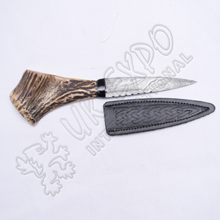 Damascus Steel Blade with Original Hostage Handle and Leather Embossed Cover Sgian Dubh