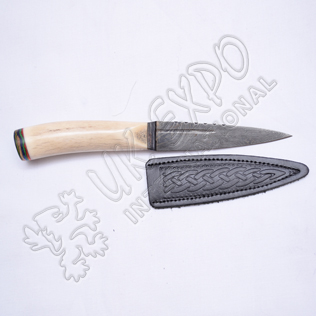 Damascus Steel Blade with Stag Original Handle and Leather Celtic Embossed Cover Sgain Dubh
