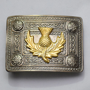 Dark Gray Antique Celtic Buckle with Large Gold thistle Badge