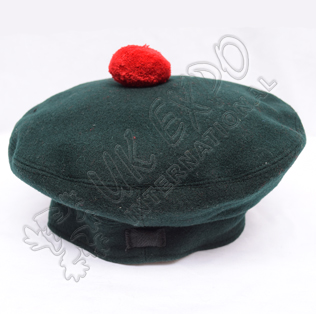 Dark Green Military Bonnet with Red Pom Pom