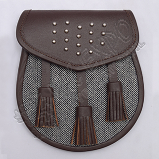 Gladiator Semi Dress Sporran Brass Studs on Flap Brown leather with gray Fabric